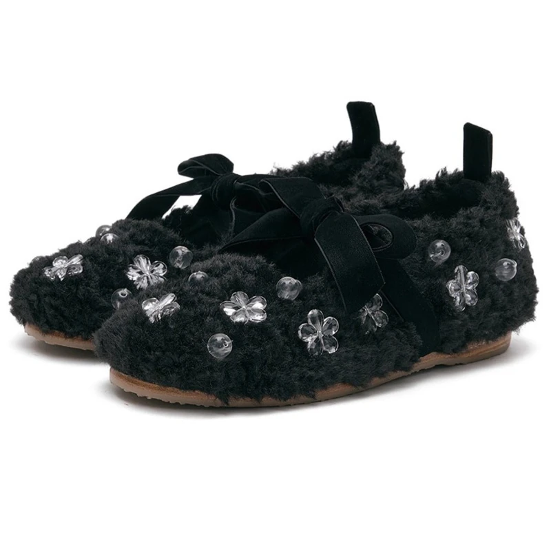 

Fluffy Sweet Winter Mary Jane Shoes Women Bowknot Warm Comfort Cotton Shoes Female Plush Round Toe Designer Ballet Flats Women