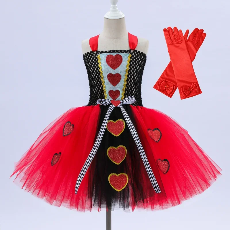 Girls Queen of Hearts Costume Kids Halloween Dress up Fancy Tutu Dress with Crown Classic Wonderland Red Queen Gown Clothes