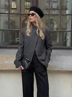 HH Women Casual Asymmetrical Dark Grey Blazer One Button Long Sleeve Jacket Coats 2026 Trend Vintage Solid Office Blazers 2