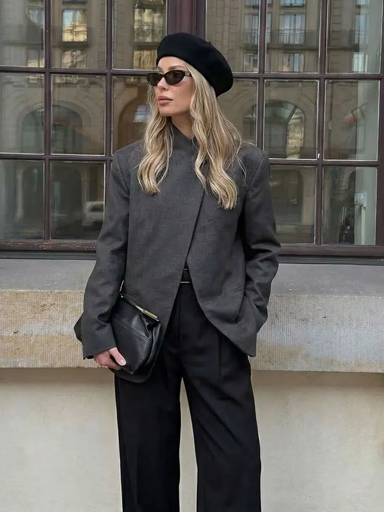 HH Women Casual Asymmetrical Dark Grey Blazer One Button Long Sleeve Jacket Coats 2026 Trend Vintage Solid Office Blazers