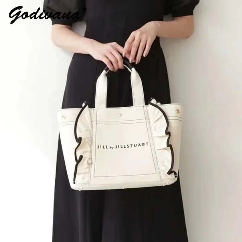 New Japanese Style Large Capacity Black Canvas Bag Embroidered Letters Artistic Horizontal Leisure One Shoulder Tote Women\'s Bag