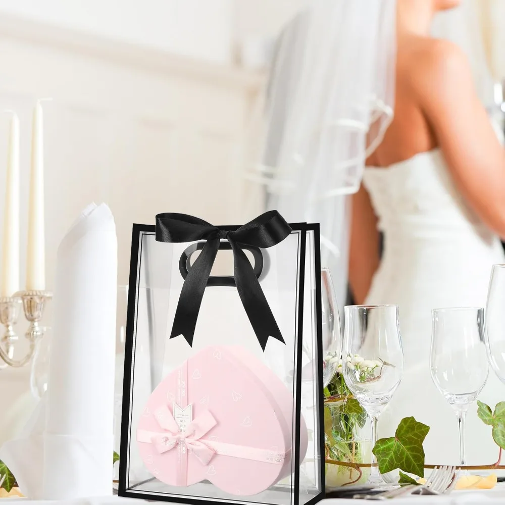 10Pcs Clear Plastic Gift Bag with Die Cut Handles Reusable PP Favor Bag with Ribbon for Wedding Bridal Birthday Party Goodies