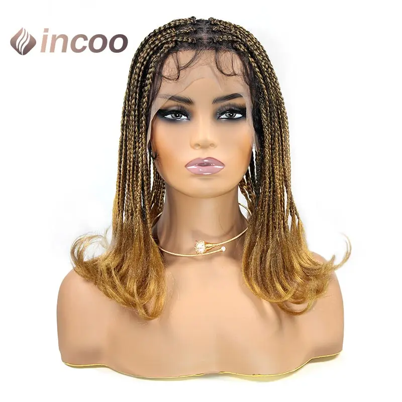 Full Lace Synthetic Box Braided Wig With Curly Ends 12 Inches Short Box Braiding Wig Straight Cornrow Braids Curly Ends Wig