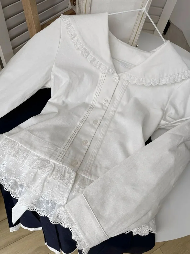 Slim Women Sweet White Shirt Spring Back Lace Up Cute Long Sleeve Blouse Japan Sailor Collar Female Lace Patchwork Kawaii Tops