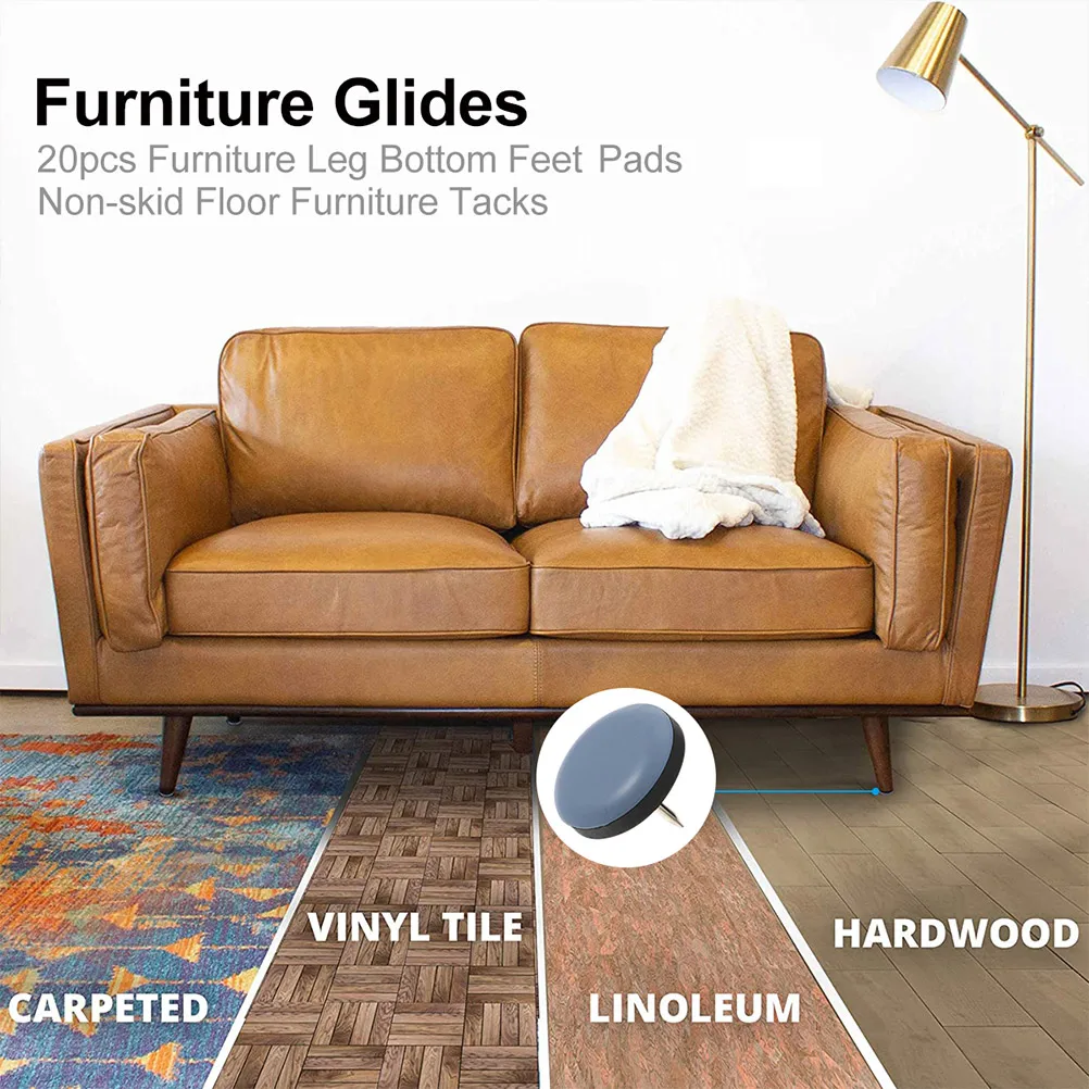 12Pcs Furniture Glide Pads Ptfe Round Head Nail-on Floor Protectors Noise-Proof Anti-Sliding for Wood Vinyl Cement Surfaces Home