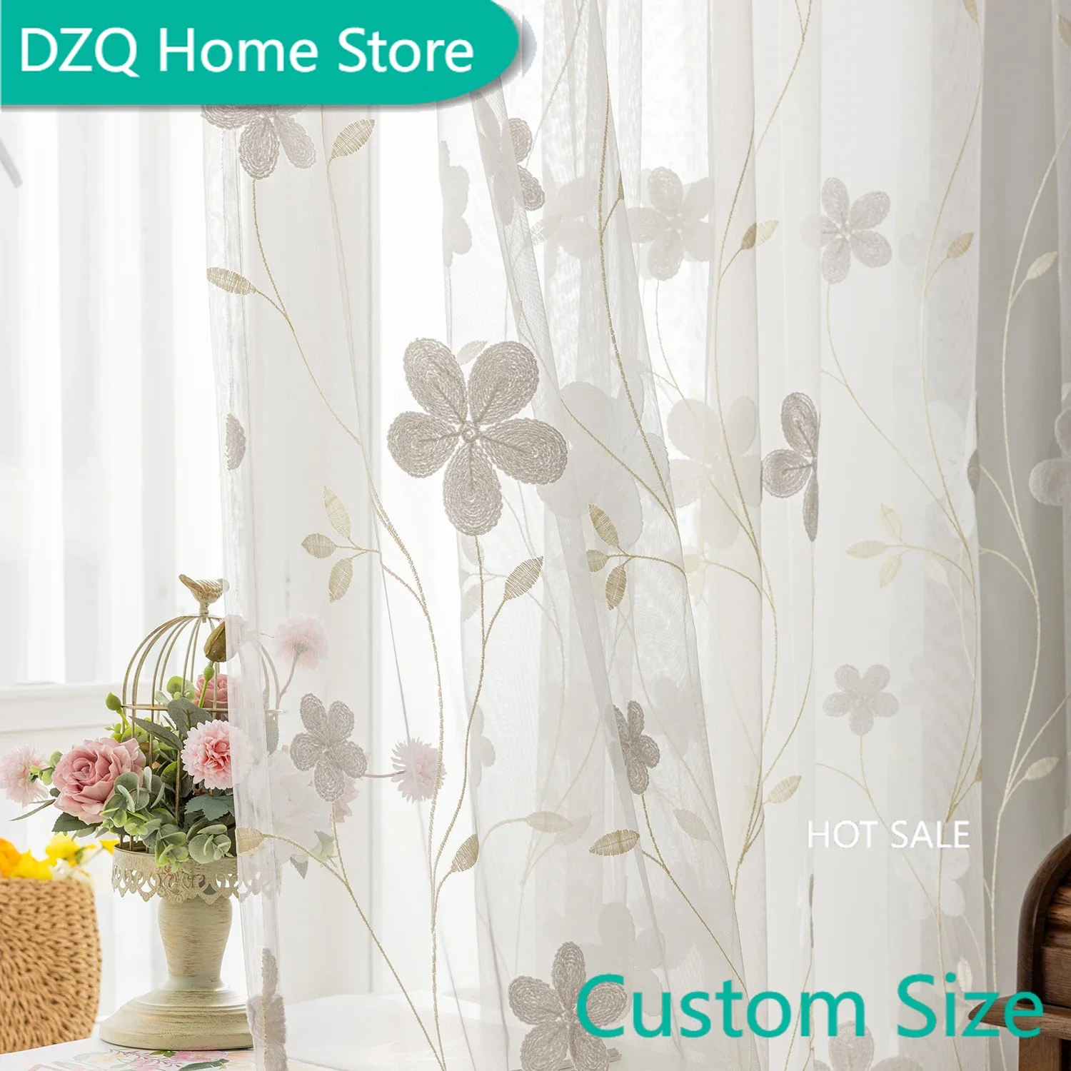 

Luxury Embroidered Flower Tulle with Lace Valance, Romantic Sheer Curtain for Bedroom, Elegance Home Decoration Window Screen