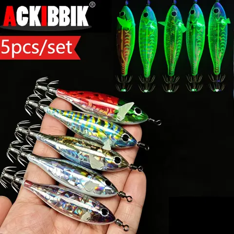 5pcs Luminous Horizontal Squid Jig Lure 7.5cm Glow Wood Shrimp Bait Octopus Cuttlefish Eging Egi Lure for Sea Saltwater Fishing