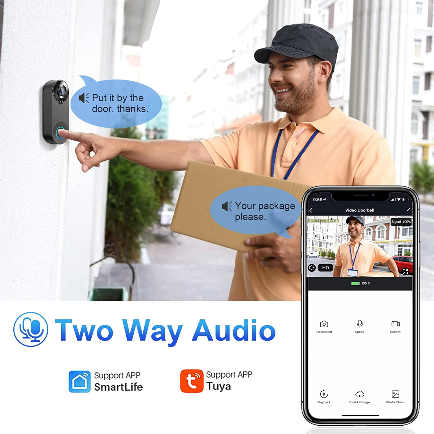 Wireless WiFi Doorbell Video Intercom, Campainha com Câmera, 1080P, Tuya Smart Home, Proteção de Segurança, Detecção de Movimento PIR