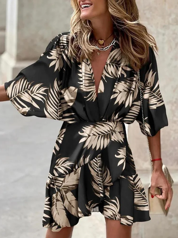 Casual Print Beach Women Sundress Fashion Ruffl V Neck Half Sleeve Irregular Mini Dress For Woman 2022 Autumn Bat Sleeve Clothes