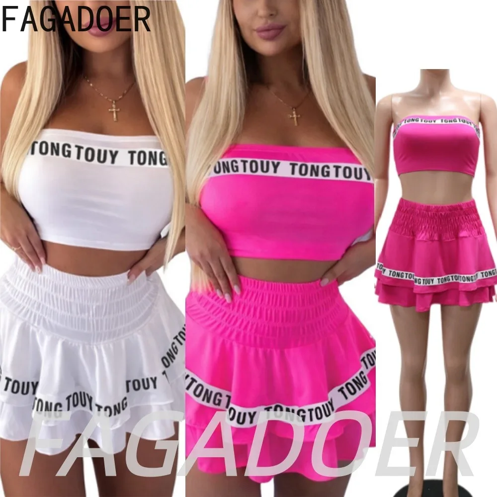 

FAGADOER Sexy Ruched Mini Skirts Two Piece Sets Fashion Sports Letter Print Off Shoulder Crop Top and Ruffle Skirts Outfits New