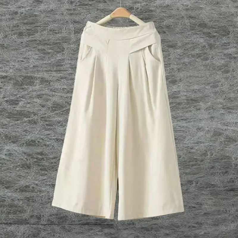 Pendant Cotton and Linen Thin Culottes Women's  Breathable Loose Wide-leg Pants Literary Elastic High-waisted Nine-point Pants