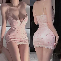 Girl's lingerie pink cherry lace sexy suspender tight jumpsuit nightgown sexy womans costume fancy clothes uncensored Sex shop