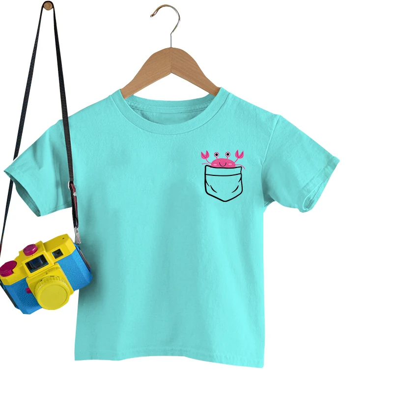 

Funny Crab Pocket Print T Shirt Summer Short Sleeve Round Neck T Shirts Cute Children Loose Tee Shirts Creative Solid Color Tops