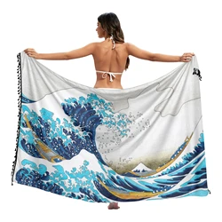The Great Wave of Kanagawa Twill cotton Pareo Beach Cover-Ups Women Beach Dress Bathing Swimwear Cover Up snow Sarong Scarf