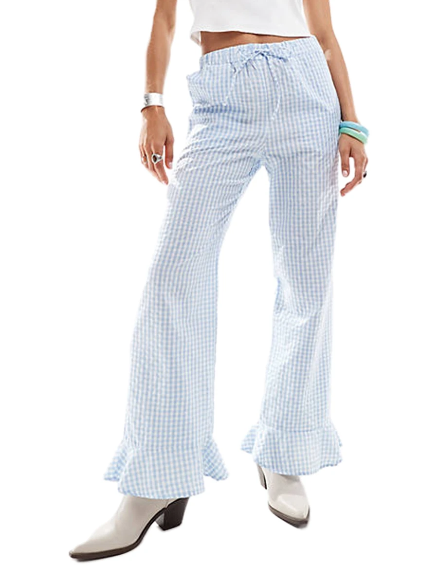 

Womens Y2k Plaid Print Pants Blue Gingham Ruffled Hem Elastic Waistband Wide Leg Loose Casual Pajama Trousers Streetweart