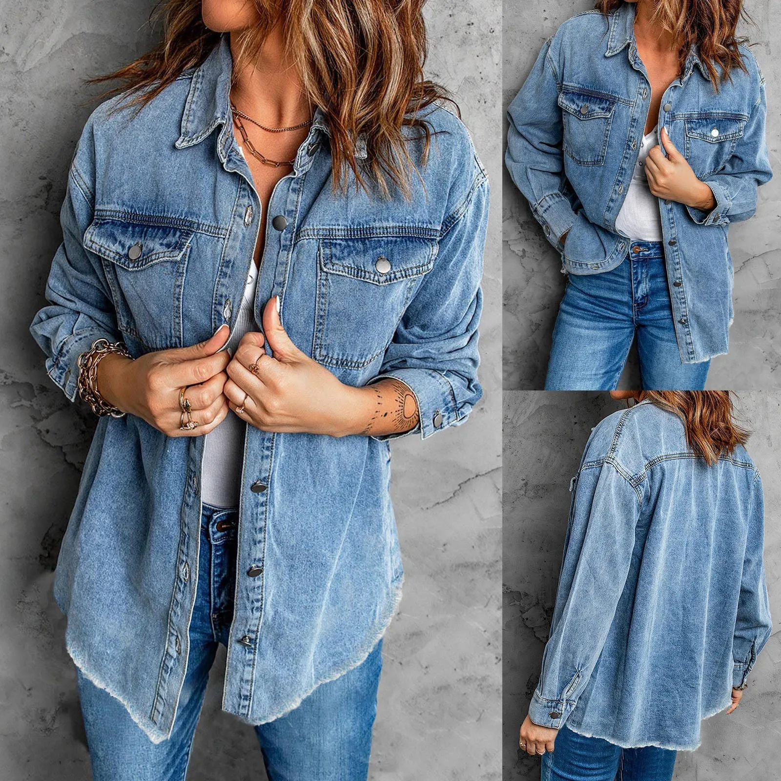 Denim Jackets Coats For Women 2024 Trend Pocket Long Sleeve Baggy Jean Outerwear Sky Blue Cowboy Causal Work Jeans Streetwear