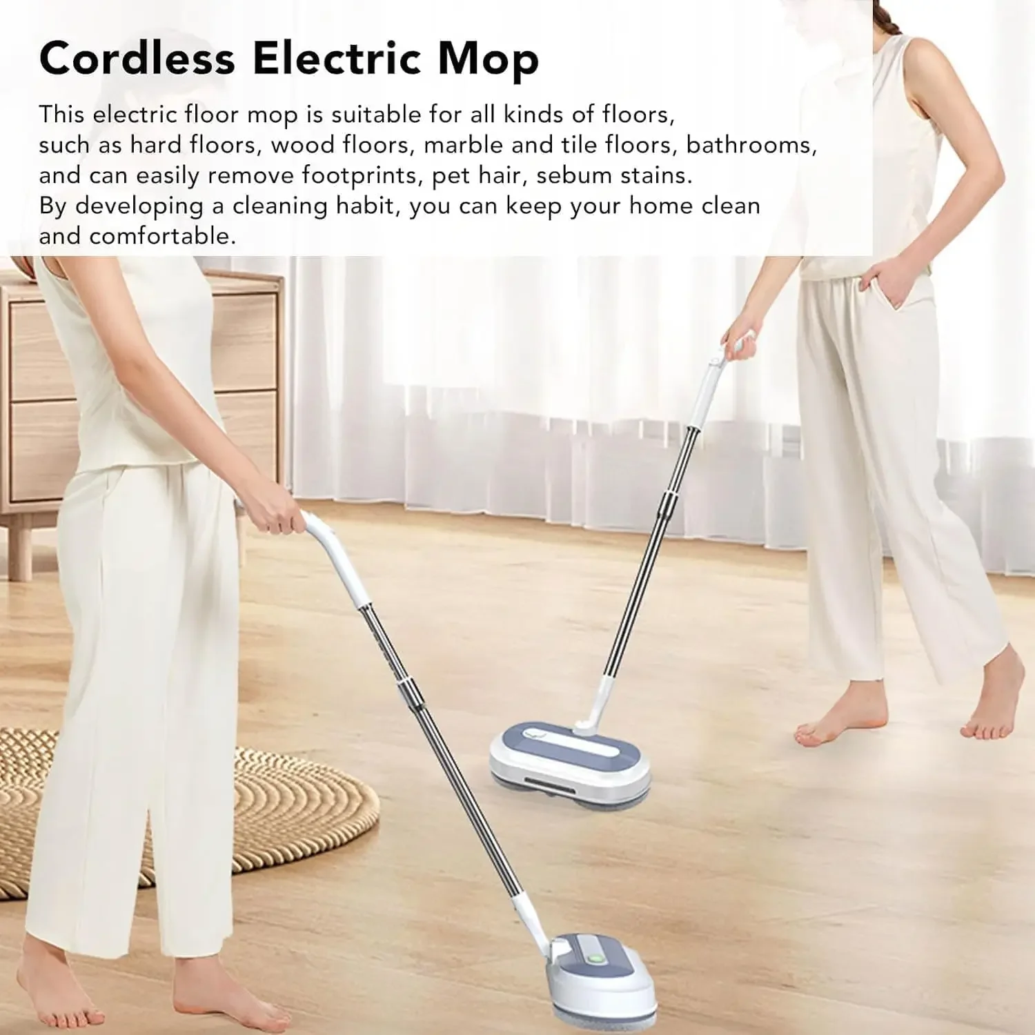 Electric Mop, Electric Spin Mop, Electric Cordless Mop with LED Headlight & Water Spray, 4 Replacement Cloth, Power Mop for Hard