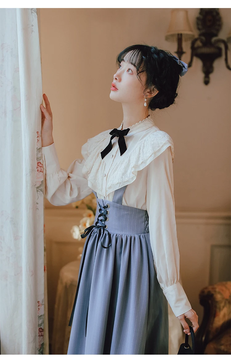 England Style 2 Piece Sets French Vintage Women Outfits Sweet Lace Bow Lantern Sleeve Shirt Tops Bandage Stripe Long Skirt Retro