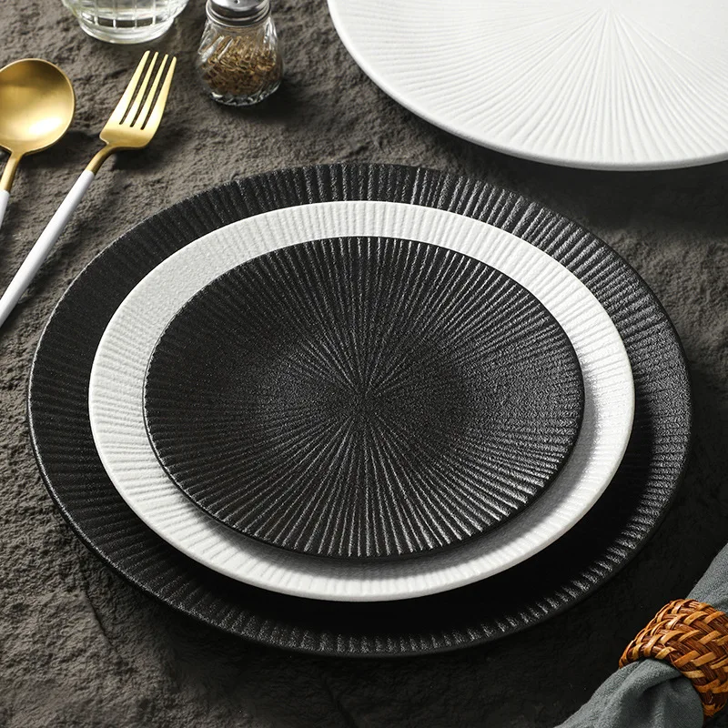 Black Retro Tableware Plate Chinese Cuisine Plates Ceramic High-End Steak Plate Creative Western Flat Plates Kitchen Tableware