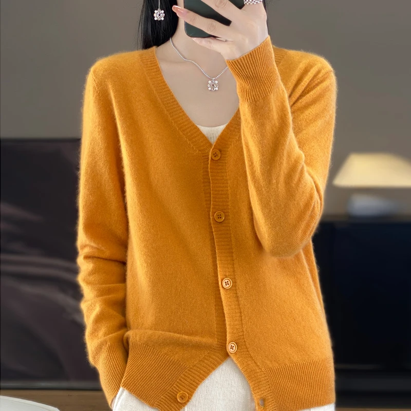 2024 New Spring and Autumn New V-neck Cashmere Cardigan Women Fashion Basic Loose Top Knitted Long Sleeve Female Cardigan