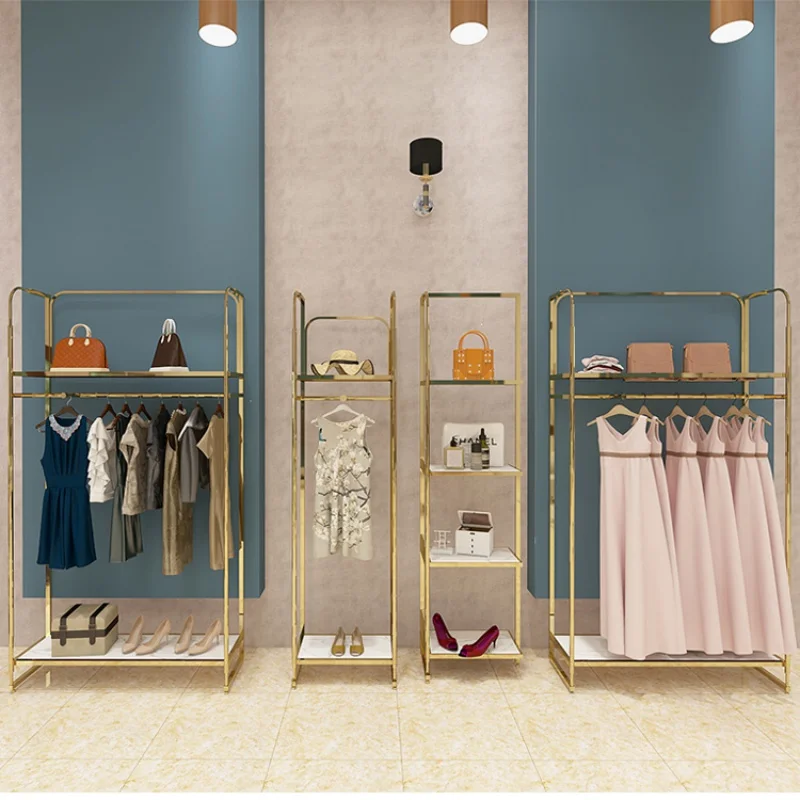 custom，Gold Boutique Retail Garment Shop Fittings Display Furniture Clothing Display Rack Stand