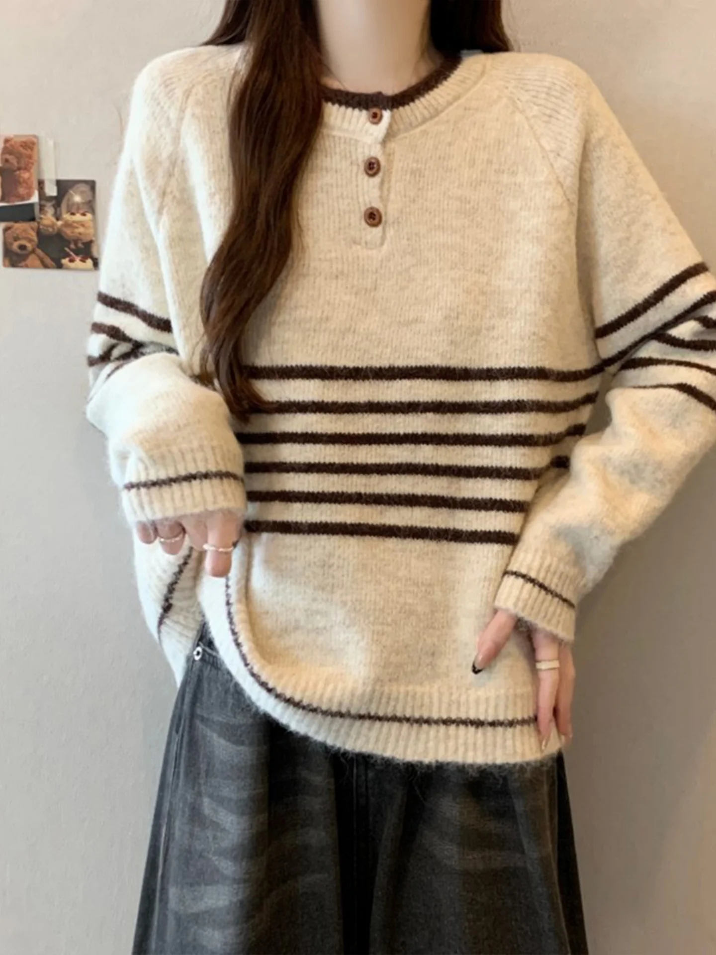 

Long Sve Knitted Sweater Women's Striped Korean Sle Autumn Winter plus Size Casual Comfortable Faionable Top irt