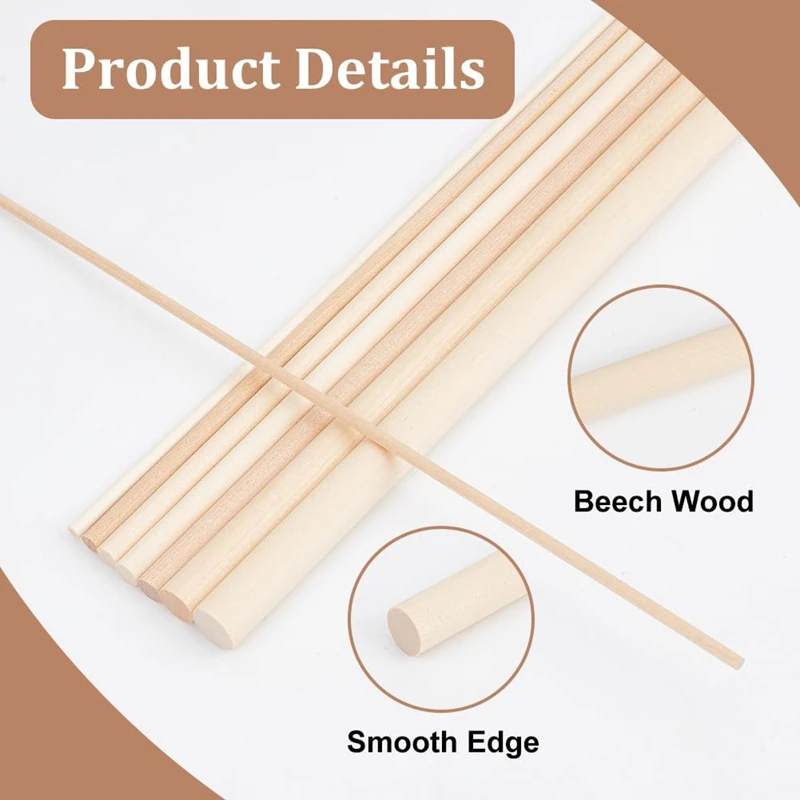 42Pieces Wooden Dowels Various Sizes Round Dowel Rods Beech Wood Sticks Kit Unfinished Wooden Hardwood Sticks DIY Crafts