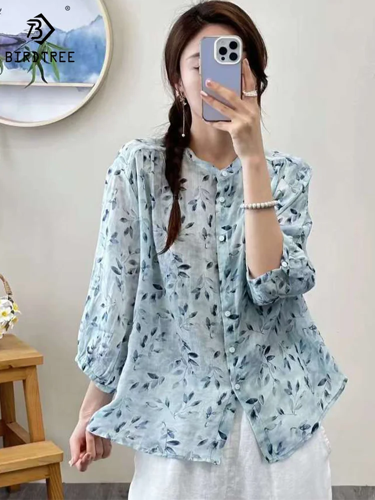 

New Spring Cotton Shirt Women Stand Neck 3/4 Sleeve Casual Top Girl Floral Printed Commute Loose Blouse 2024 Summer T43776QM