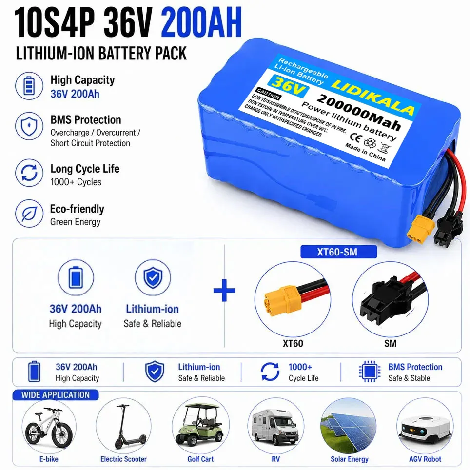 Batteria al litio per monopattino elettrico 36V 10S4P 200Ah 200000mAh, pacco batteria 18650 di ricambio, batteria di accumulo di energia da 1000W ﻿ ﻿