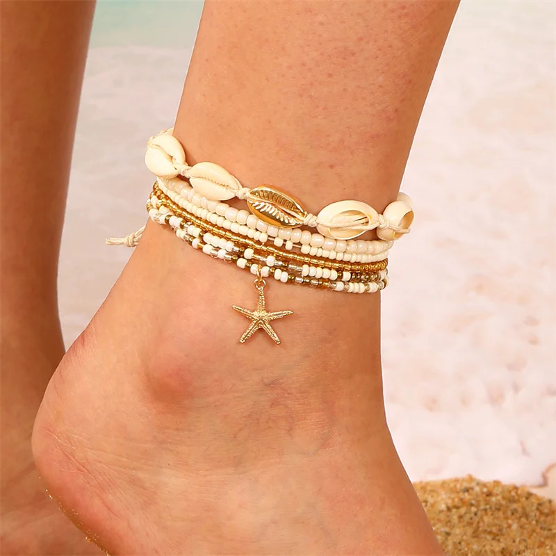 Vintage Starfish Turtle Fishtail Shell Beads Anklets For Women New Multilayer Anklet Leg Bracelet Handmade Bohemian Jewelry