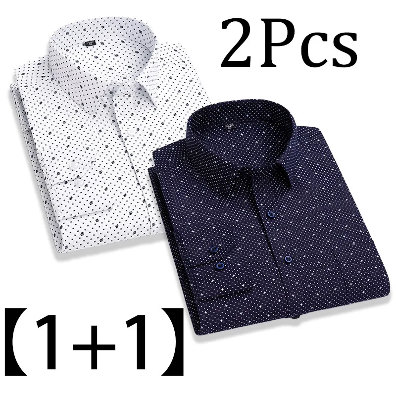 

2pcs/set Men's 65% Cotton Long Sleeved Print Striped Dress Shirts Single Pocket Regular fit Comfortable Bussiness Casual Blouses