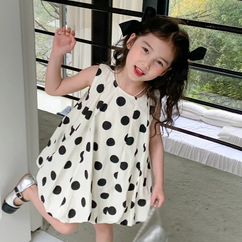 Summer Girls Dress Sweet Polka Dot Princess Dress Kids Girls Puffy Sleeveless Dress Round Collar Baby Children Casual Clothing