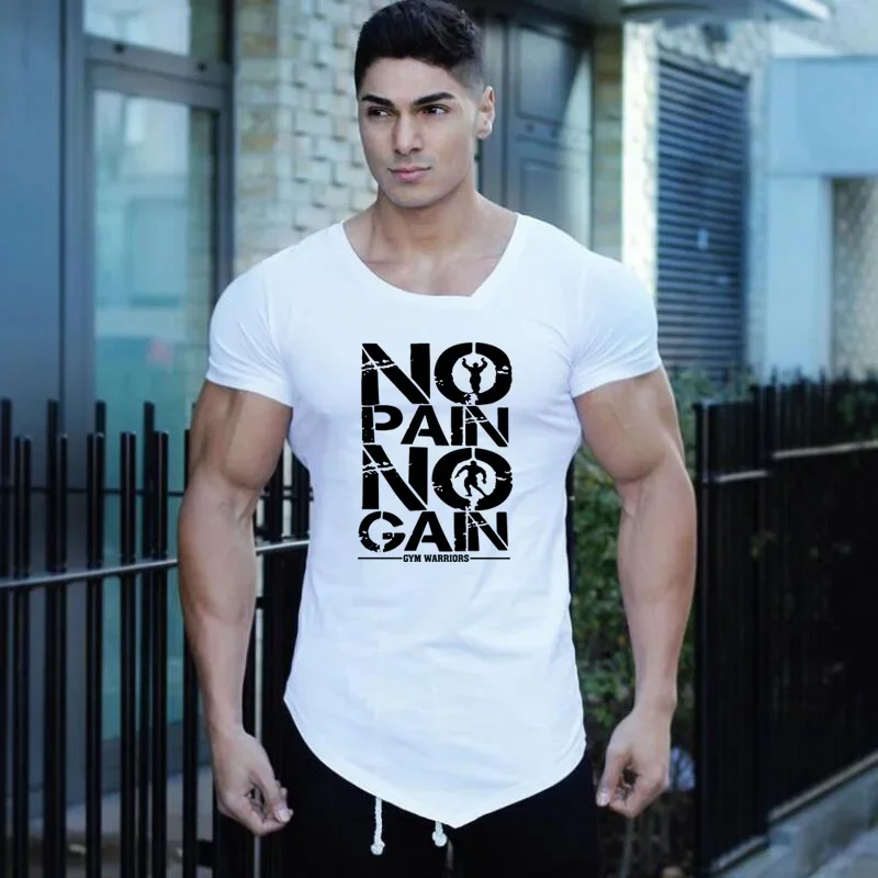 Summer Cotton Breathable Short Sleeve Clothing Gym Fitness Muscle Slim Fit V-neck T-shirt Men Bodybuilding Sport Irregular Shirt