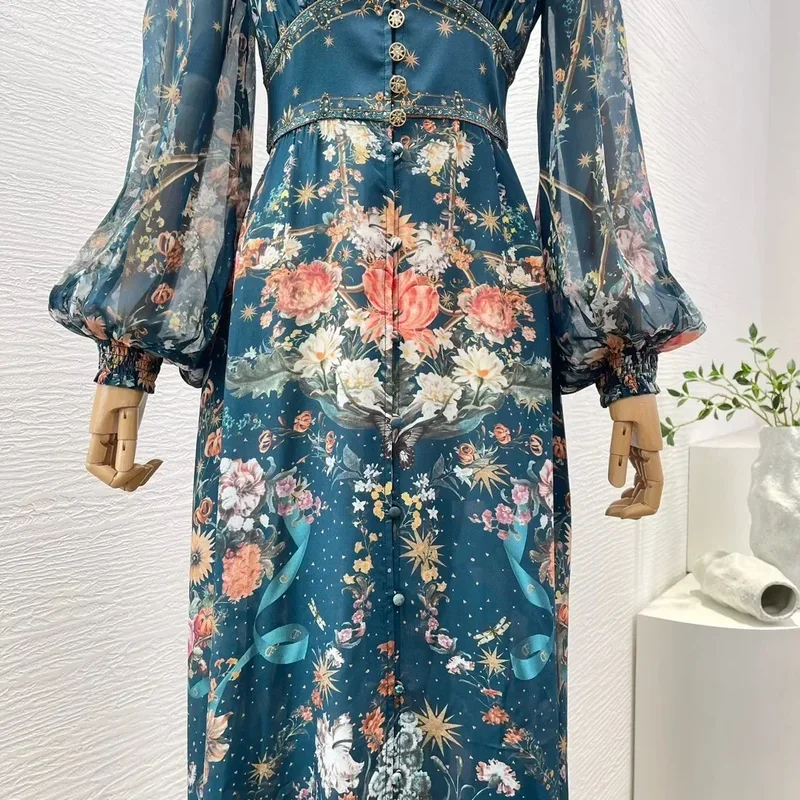 2024 new summer high quality women vintage navy blue floral print full lantern sleeve diamonds compressed silk midi dress