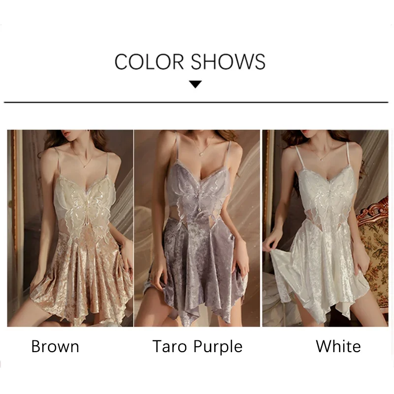 RENEYULI Marke Süße Frauen Nachthemd Set Mädchen mit Bh Pad Verdicken Seide Samt Schmetterling Design Schlinge Nachthemd Frauen Schlaf