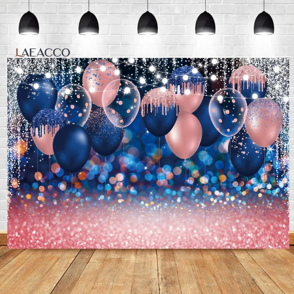 

Laeacco Glitter Balloons Backdrop Blue And Pink Light Bokeh Prom Wedding Birthday Portrait Customized Photography Background