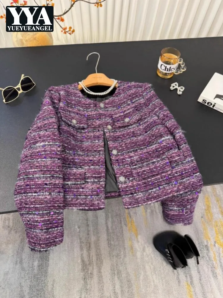 เสื้อแจ็คเก็ตผู้หญิงผ้าทวีดปักเลื่อมสีม่วง แฟชั่นเกาหลี คอทรงโอ เสื้อคลุมสำหรับงานปาร์ตี้ ลายทาง เสื้อโค้ทหนาสำหรับฤดูหนาว กระดุมแถวเดียว เสื้อคลุมตัวสั้น