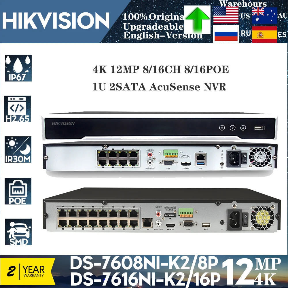 Hikvision Original 8CH 8POE DS-7608NI-K2/8P NVR & 16CH 16POE DS-7616NI-K2/16P Two way Audio Hik-CONNECT Security Surveillance