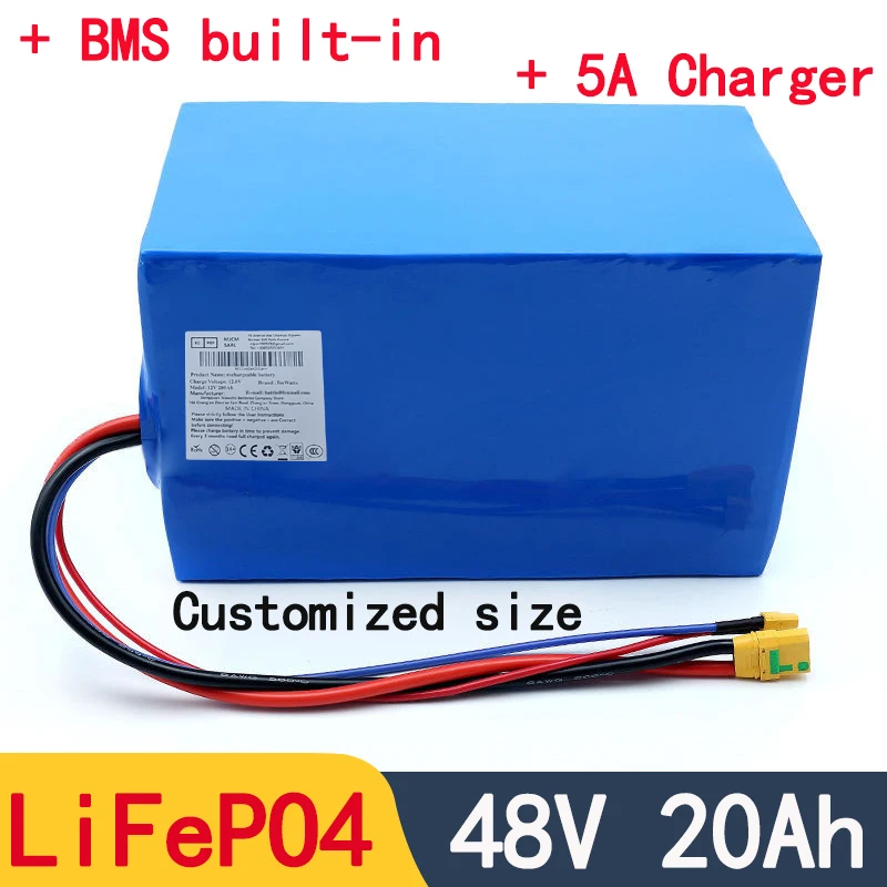 Rechargeable 51.2V 48v 20ah lithium lifepo4 battery pack 45A bms 16S for 1500w 2000w electric scooter bike motor+5A Charger