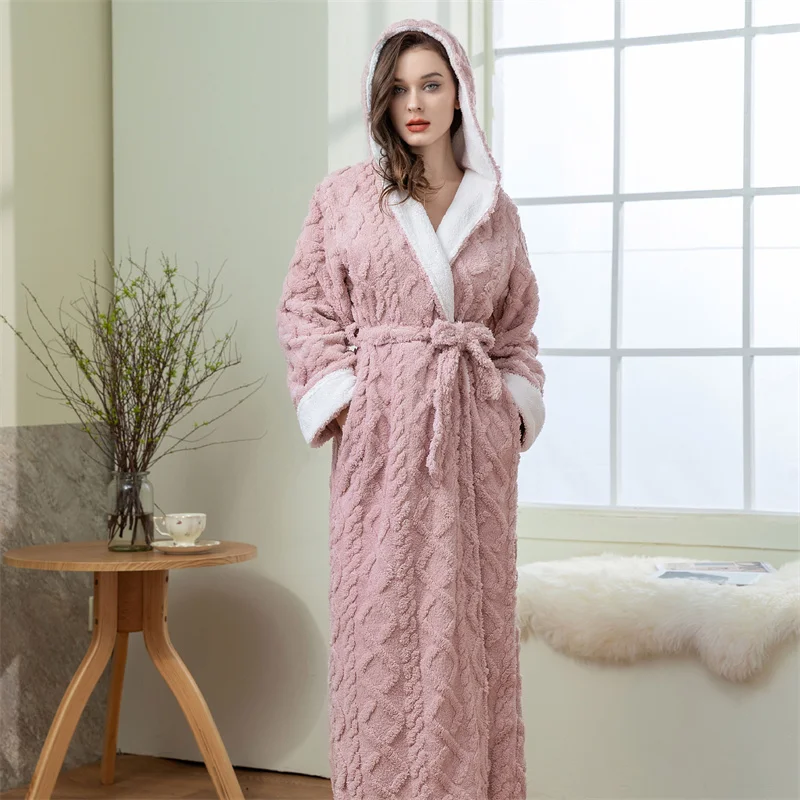 Thick Women Warm Bathrobe Solid Hooded Warm Ladies Dressing Gown Long Sleeve Flannel Bath Robe For Female