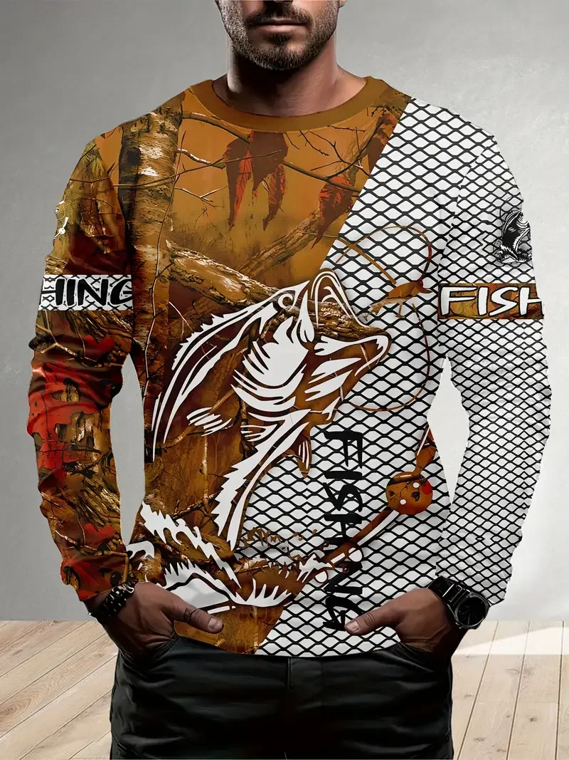 الرجال في الهواء الطلق الصيد طويلة الأكمام تي شيرت ثلاثية الأبعاد الأسماك طباعة الجولة الرقبة التي شيرت الصيف بلوزة فضفاضة غير رسمية المتضخم الرجال ملابس الصيد #6