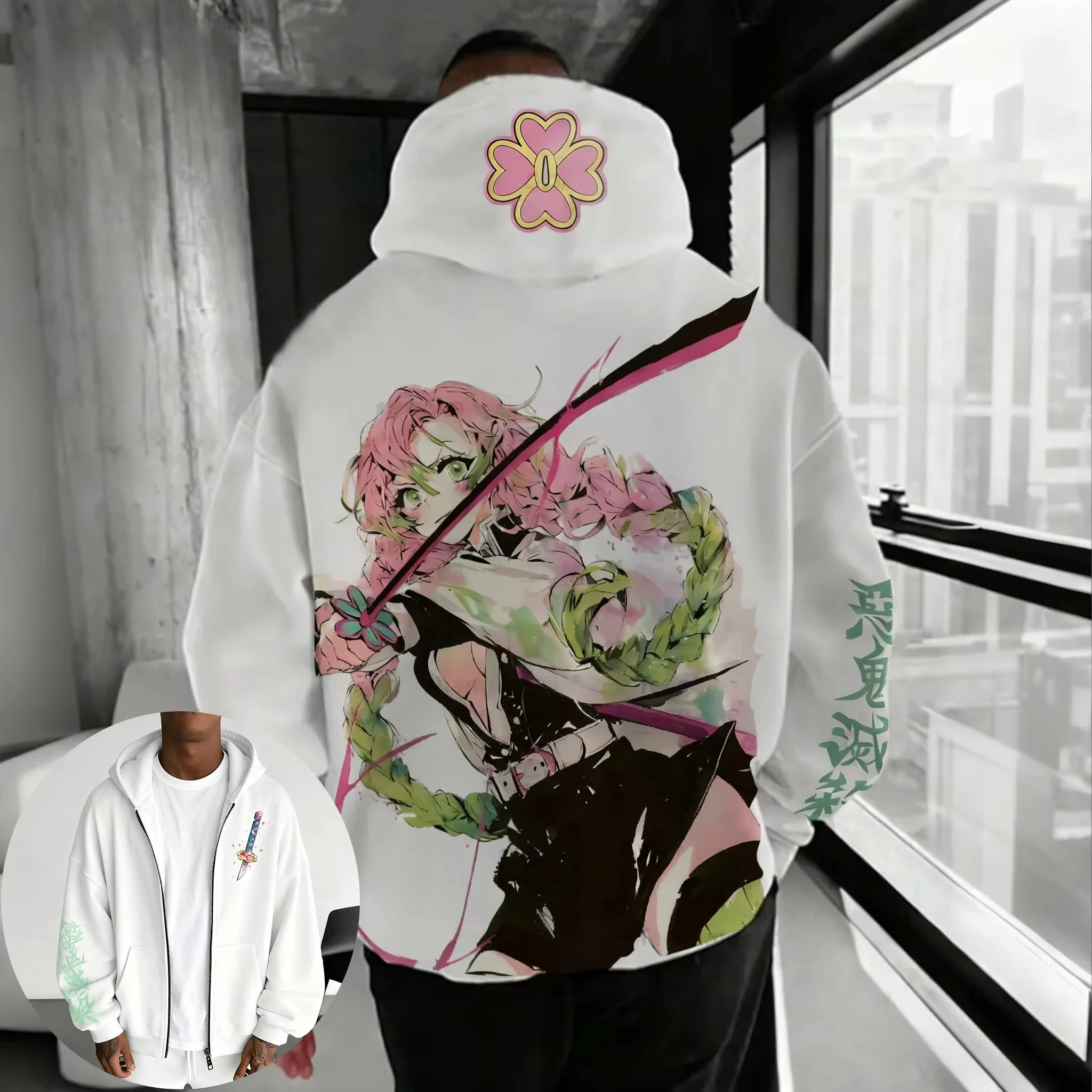 Autumn_Winter New Demon Slayer Anime Men's Zipper Hoodie Collection Kanroji Mitsuri Printed Casual Loose Sports Sweater Top