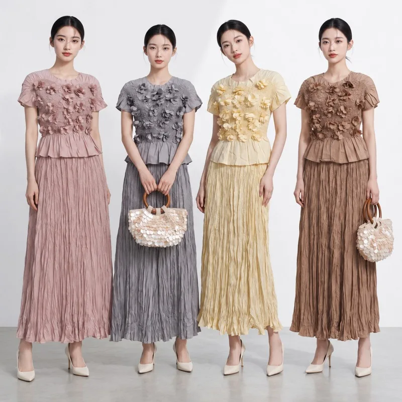 Miyake Pleated 2026 New High-End Elegant Socialite Two-Piece Set with Design Sense 3D Floral Short Sleeve and Skirt Fashion Set