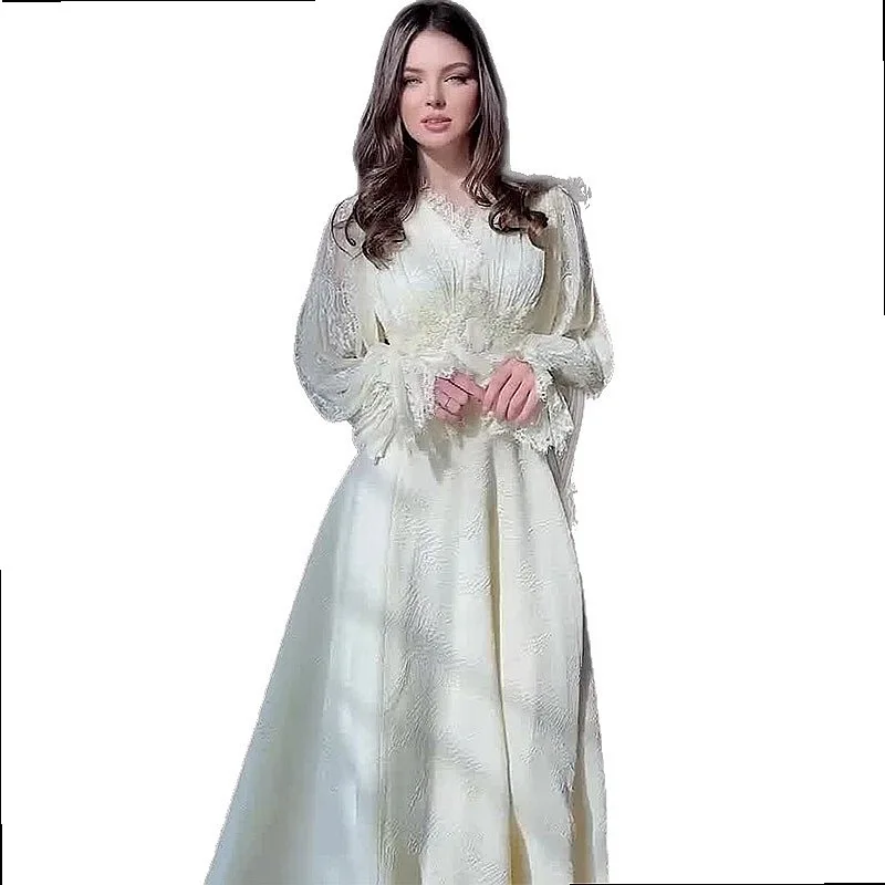 Elegant V Neck Slim Waist Puff Sleeve Dress Fairy Dresses Spring Summer 5