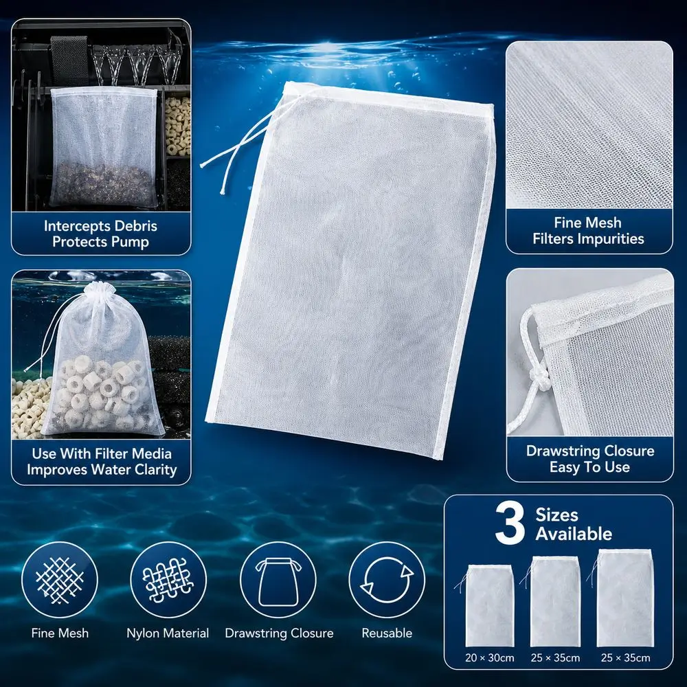 Nylon Aquarium Filter Bag Fine Mesh Reusable Fish Tank Filter Bag Drawstring Closure High Density Aquarium Filter Sock