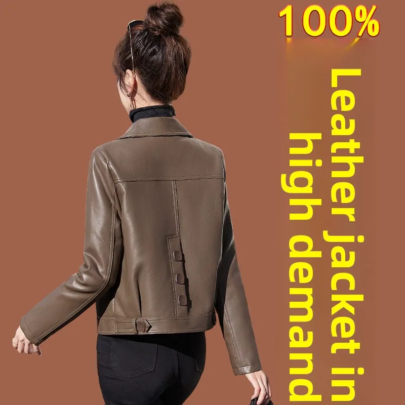  Ning سترة جلدية أصلية معطف نسائي مقاس صغير 2025 جديد ربيع الخريف الراقية سترة قصيرة غير رسمية من جلد الغنم