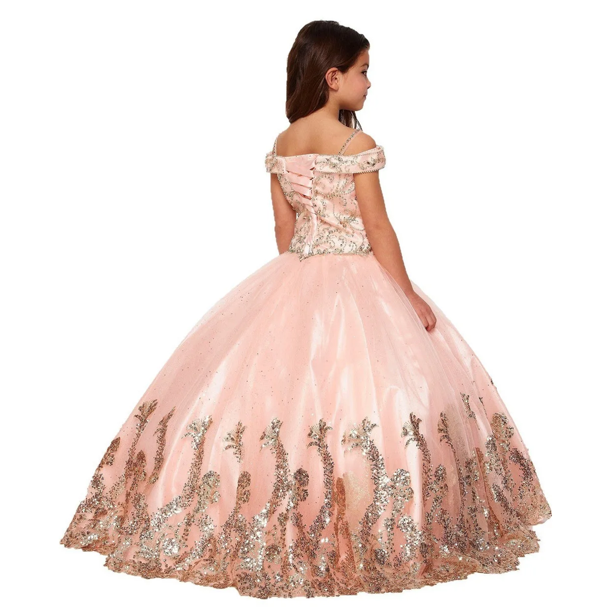 Luxo sem alças lantejoulas fora do ombro cinta de espaguete uma linha casamento vestido da menina flor até o chão elegante vestido de comunhão