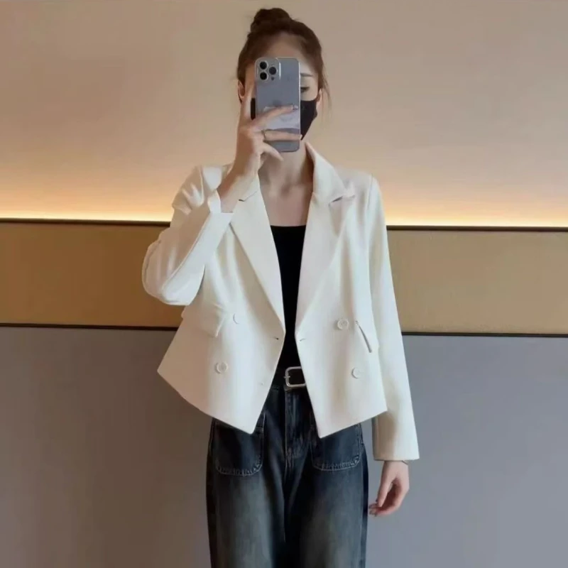 Women's Premium 2025 Short New  Style Spring Fall Petite High Quality Simple Casual Work Ready Double Breasted Top