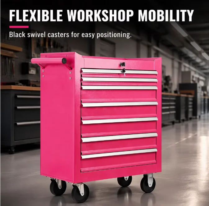a for7 Drawer Pink Rolling Tool Chest Lockable Mobile Steel Tool Cabinet with Wheels Heavy Duty Workshop Garage Tool Storage