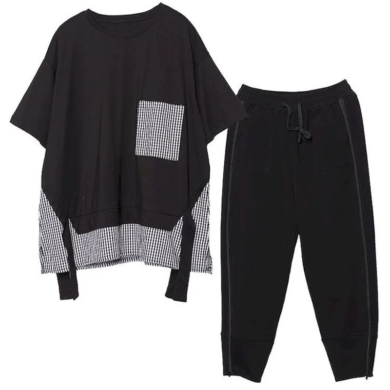 Patchwork Hosen Sets Plaid Vintage Oansatz T-Shirts und Casual Harem Hosen Übergroßen Koreanische Mode Zwei Stück Sets Frauen Outfits